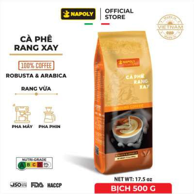 Cà Phê RANG XAY Napoly Coffee Robusta & Arabica Nguyên Chất, Rang Mộc, Đắng Dịu, Thơm Nồng Dành Cho PHA PHIN - Túi 500gr