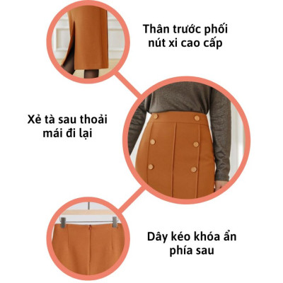 Chân Váy Công Sở New Design Thiết Kê Dáng Váy Xếp Ly Dài Qua Gối Ôm Body , Phối Nút Kiểu Mới, Vải Tốt Co Giãn CV0073