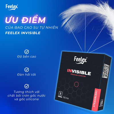 Bao cao su Feelex Invisible siêu mỏng, nhiều gel bôi trơn - Hộp 03 bcs