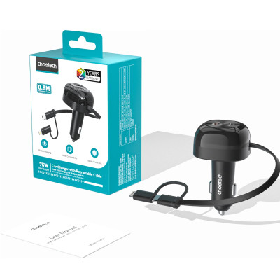 Tẩu sạc nhanh trên ô tô 75W Choetech TC0036 tích hợp cáp sạc rút Type C kèm đầu nối IP - Hàng chính hãng