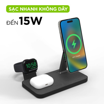 Đế sạc mophie Snap+ 3in1 Stand, đế sạc không dây 15w sạc 3 thiết bị cùng lúc - Hàng chính hãng bảo hành 2 năm 1 đổi 1