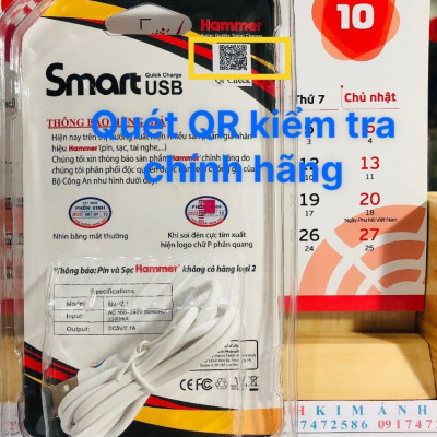 Bộ củ và cáp sạc Ham mer 2.1A Chân cắm L, Hàng Chính Hãng check QR bảo hành 12 tháng