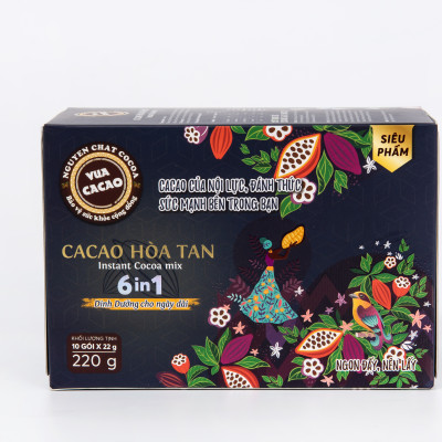 Bột cacao hòa tan 6 in 1, VUA CACAO hảo hạng tăng cường năng lượng, cung cấp dinh dưỡng cho ngày dài - Hộp 10 gói x 220g