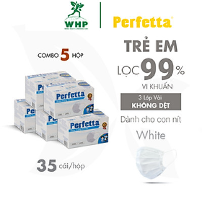 Combo 5 hộp Khẩu trang y tế 3 lớp Perfetta Trẻ Em Lọc bụi, Kháng khuẩn, Kháng vi rút 99% (35 Cái/Hộp)