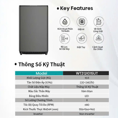Máy giặt Hisense cửa trên WTZQ1015UT 10.5kg bộ lọc xơ vải kép, bảo hành 3 năm - HÀNG CHÍNH HÃNG