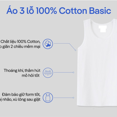 Áo May Ô Ba Lỗ Nam Vicci Màu Trắng, Chất Liệu 100% Sợi Cotton Mềm Mịn, Co Giãn 4 Chiều, Thấm Hút Mồ Hôi, Siêu Thoáng Mát