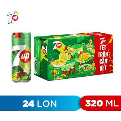 Thùng 24 Lon Nước Ngọt Có Gaz 7Up lon xanh (320ml/lon)
