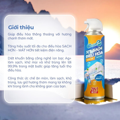 Chai xịt vệ sinh điều hòa Cleanz làm sạch diệt khuẩn bằng công nghệ ion bạc Ag+ -500ml- Hàng chính hãng 
