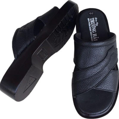 Dép quai ngang nam Trường Hải da bò cao cấp mềm mại không bong tróc màu đen đế PU siêu nhẹ cao 5cm QN0744