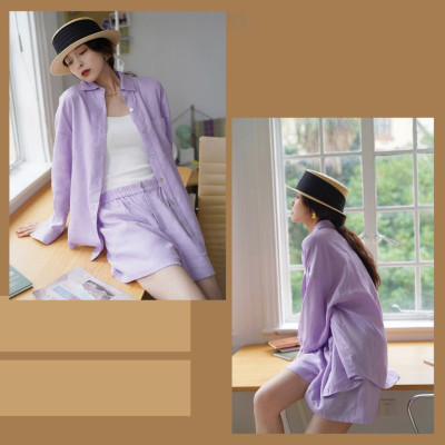 Set bộ áo sơ mi và quần short màu tím pastel nhẹ nhàng, dễ thương, phong cách Hàn Quốc, thích hợp đi chơi, đi làm, đi biển