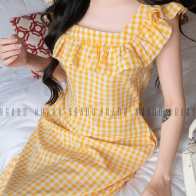 Đầm caro vàng phối cổ nhún NGADO , đầm caro , đầm kẻ , đầm dạo phố