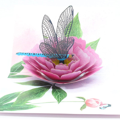 Thiệp 3D Pop Up Chuồn Chuồn & Hoa Mẫu Đơn – Thiệp Hoa Nghệ Thuật, Thiệp Chúc Mừng, Sinh Nhật, F08