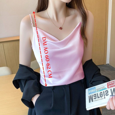 Áo 2 dây cổ đổ thiết kế đính ngọc trai xinh xắn, Áo nữ lụa satin cao cấp, thoáng mát - New Design AO0015