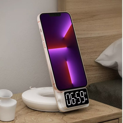 Sạc Wiwu Automatic Positioning 4in1 M11 Dành Cho Điện Thoại Hỗ Trợ Sạc Nhanh Không Dây,  Có Đồng Hồ Báo Thức - Hàng Chính Hãng