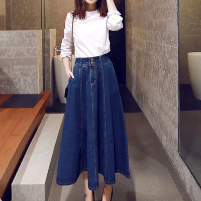 Chân váy jean xòe dài 2 nút C011