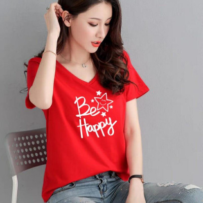 Áo thun nữ cổ tim form rộng MXM in chữ Be Happy cực dễ thương thun 4 chiều từ 45-60kg ( ANU063 )