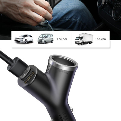 Bộ tẩu Baseus Y Type Dual USB sạc mở rộng 3 trong 1 dùng cho xe hơi 40W, 3.4A- Hàng chính hãng