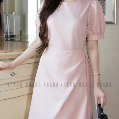 Đầm hồng cổ tròn NGADO , đầm nữ , Đầm tay phồng , Đầm dự tiệc sang chảnh