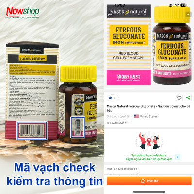 Ferrous Gluconate Mason Natural Hộp 100 viên bổ sung sắt hữu cơ dễ hấp thu không gây nóng táo bón
