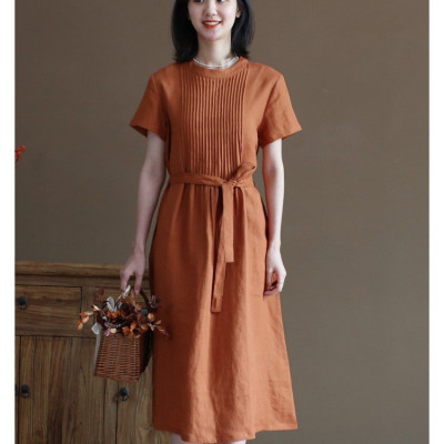 Đầm suông linen nữ cổ tròn kín đáo, đầm có túi chéo tiện lợi, kèm dây thắt eo xinh NH191 cam