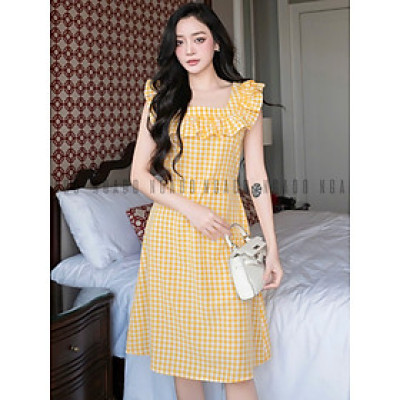 Đầm caro vàng phối cổ nhún NGADO , đầm caro , đầm kẻ , đầm dạo phố