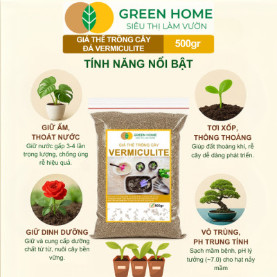 Đá Vermiculite (Vơ Mi) Greenhome, Bao 500gr, Giá Thể, Ươm Hạt Giống, Trồng Rau Mầm, Đất Hoa Hồng, Sen Đá, Thuỷ Canh