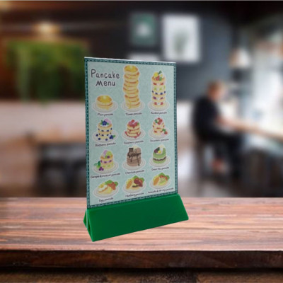 Kệ menu nhà hàng, Standee mica để bàn, Bảng quét mã QR Code, Kệ mica 2 mặt Enter E07-A 150x210mm đế lùa uốn chân chữ A