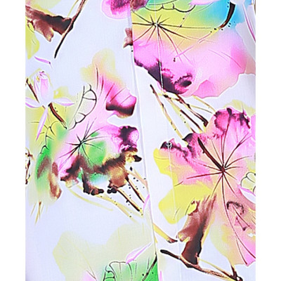 Váy đầm lanh (tole) Vicci CVN004.2 vải lanh chéo Hàn cao cấp, thiết kế tay ngắn, dáng đuôi cá suông nhẹ, mềm nhẹ, thấm hút mồ hôi, họa tiết hoa sen hồng nền trắng vàng, phù hợp mặc nhà, đi chơi