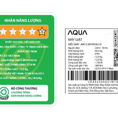 AW12-BP4959U1K(B) - MÁY GIẶT CỬA TRƯỚC AQUA INVERTER AW12-BP4959U1K(B) - Hàng chính hãng