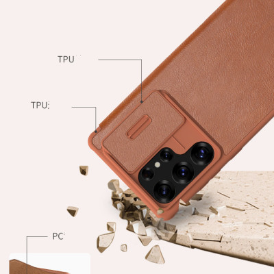 Bao da chống sốc ngăn đựng thẻ card cho Samsung Galaxy S25 Ultra / S25 Plus hiệu Nillkin Qin Pro - Da PU cao cấp, Viền TPU, sang trong, nắp trượt bảo vệ camera - Hàng nhập khẩu