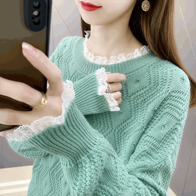 Áo Dệt Kim, Áo Len Dài Tay Dáng Rộng Cổ Trofn Pha Ren Thời Trang Hàn Quốc Cho Nữ Mùa Thu Đông Haint Boutique