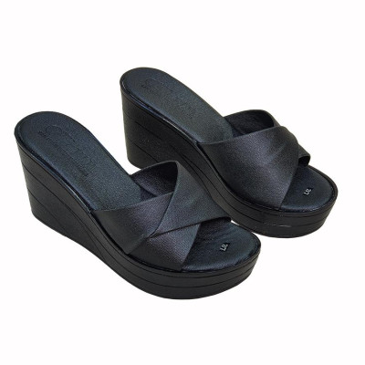 Dép Nữ Quai Ngang Đế Xuồng HÀ NAM Da Bò Thật Cao Cấp 9cm DNU2161