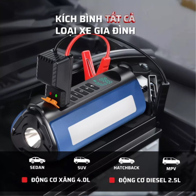 Bơm Lốp, Kích Bình Ô Tô, Xe Máy 4in1 GDV TS03 Pin LI-PO 12000mAh Kiêm Sạc Dự Phòng, Đèn Pin Chiếu Sáng - Hàng Chính Hãng