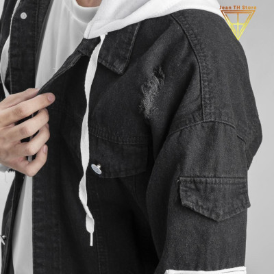Áo khoác jean nam đen phối nón nỉ trắng cao cấp phong cách trẻ trung