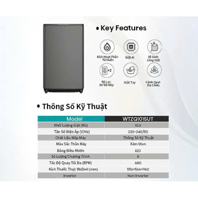 Máy Giặt Hisense Cửa Trên WTZQ1015UT 10.5kg Bộ Lọc Xơ Vải Kép, Bảo Hành 2 Năm - Hàng Chính Hãng