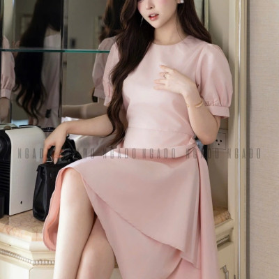 Đầm hồng cổ tròn NGADO , đầm nữ , Đầm tay phồng , Đầm dự tiệc sang chảnh