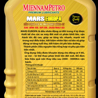 Dầu Nhớt MiennamPetro Mars Europa 4T 10W-40 API SN JASO MA2 800ml Bảo Vệ Động Cơ Xe Máy 4 Thì Và Tiết Kiệm Nhiên Liệu