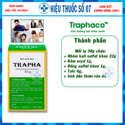 Bột khử mùi Trapha Traphaco hỗ trợ khử mùi, làm thơm, ngăn ngừa mùi hôi nách, hôi chân khi đi giày (30g)