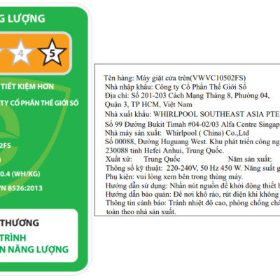 Máy giặt Whirlpool 10.5 kg VWVC10502FS Mới 2022 -Hàng chính hãng( Chỉ giao HCM)