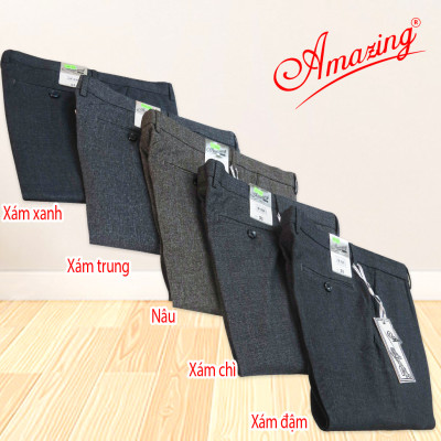 Quần tây Amazing, hoạ tiết vân chìm, không ly, ống suông, màu xám trung, vải spandex ít nhăn, dày, mềm