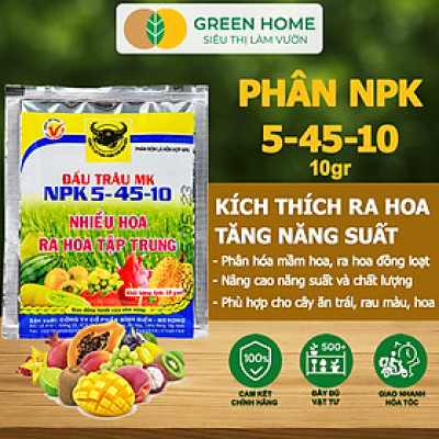 Phân Bón Npk 5-45-10, Greenhome, Đầu Trâu, Gói 10Gr, Phân Bón Kích Ra Hoa, Đậu Trái