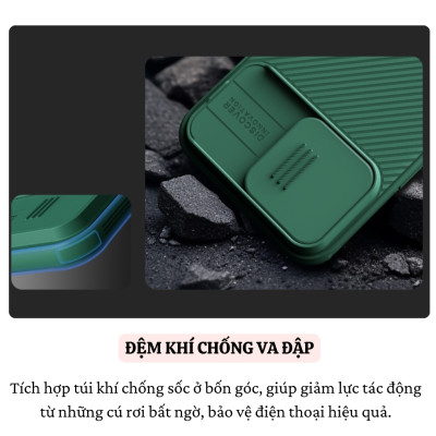 Ốp lưng cho iPhone 16 / 16 Plus / 16 Pro / 16 Pro Max hiệu Nillkin Camshield chống sốc nắp trượt bảo vệ camera - Viền TPU, đệm khí chống sốc, Lưng nhám PC chống vân tay - Hàng nhập khẩu