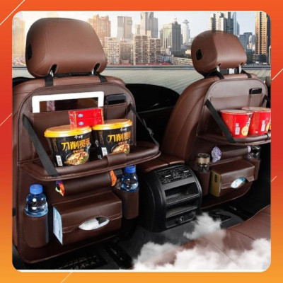 Hot  Túi đựng đồ sau ghế xe ô tô có bàn gập da PU cao cấp (Black) Sky Life