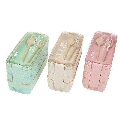 Hộp Cơm 3 Tầng Lúa Mạch Lunch Box + Tặng Kèm Muỗng, Nĩa