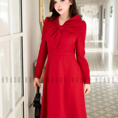 Đầm đỏ cổ phối nơ NGADO , đầm dự tiệc dáng dài