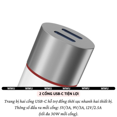 Tẩu củ sạc nhanh xe hơi ô tô PD 60W 2 Type-C USB-A QC3.0 hiệu WIWU Mars cho iphone 16 15 14 13 12 iPad Vivo Oppo samsung Macbook - hàng nhập khẩu