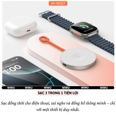 Đế Sạc không dây từ tính nam châm N52 sạc nhanh 15W hiệu WIWU Wi-W037 3in1 magnetic cho điện thoại cho iPhone tai nghe cho Airpods / cho Apple Watch cổng USB-C/L - Chip AI an toàn sạc, sạc cho iPhone 16 15 14 13 12 Pro Max Plus - Hàng nhập khẩu