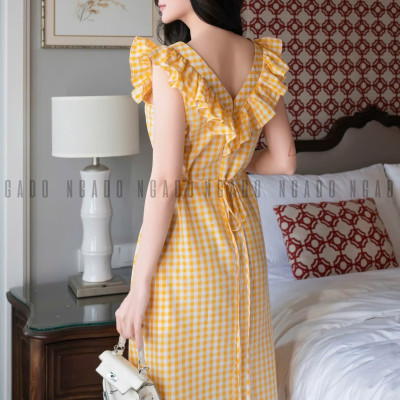 Đầm caro vàng phối cổ nhún NGADO , đầm caro , đầm kẻ , đầm dạo phố