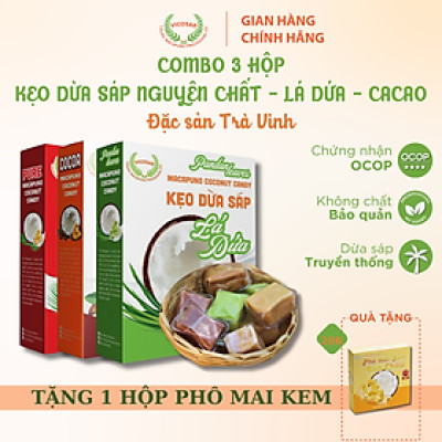 Combo 3 Kẹo dừa sáp VICOSAP vị cacao lá dứa kẹo mềm dẻo ít đường đặc sản Trà Vinh hộp 100g
