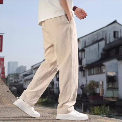 Quần ống rộng nam LINEN, dáng suông, cạp chun có dây rút tiện lợi, chất đứng form dày dặn Qd11